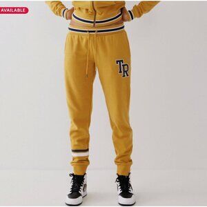 True Religion Womens Jogger Sweatpants Yellow Athletic Collegiate XL Logo Stripe